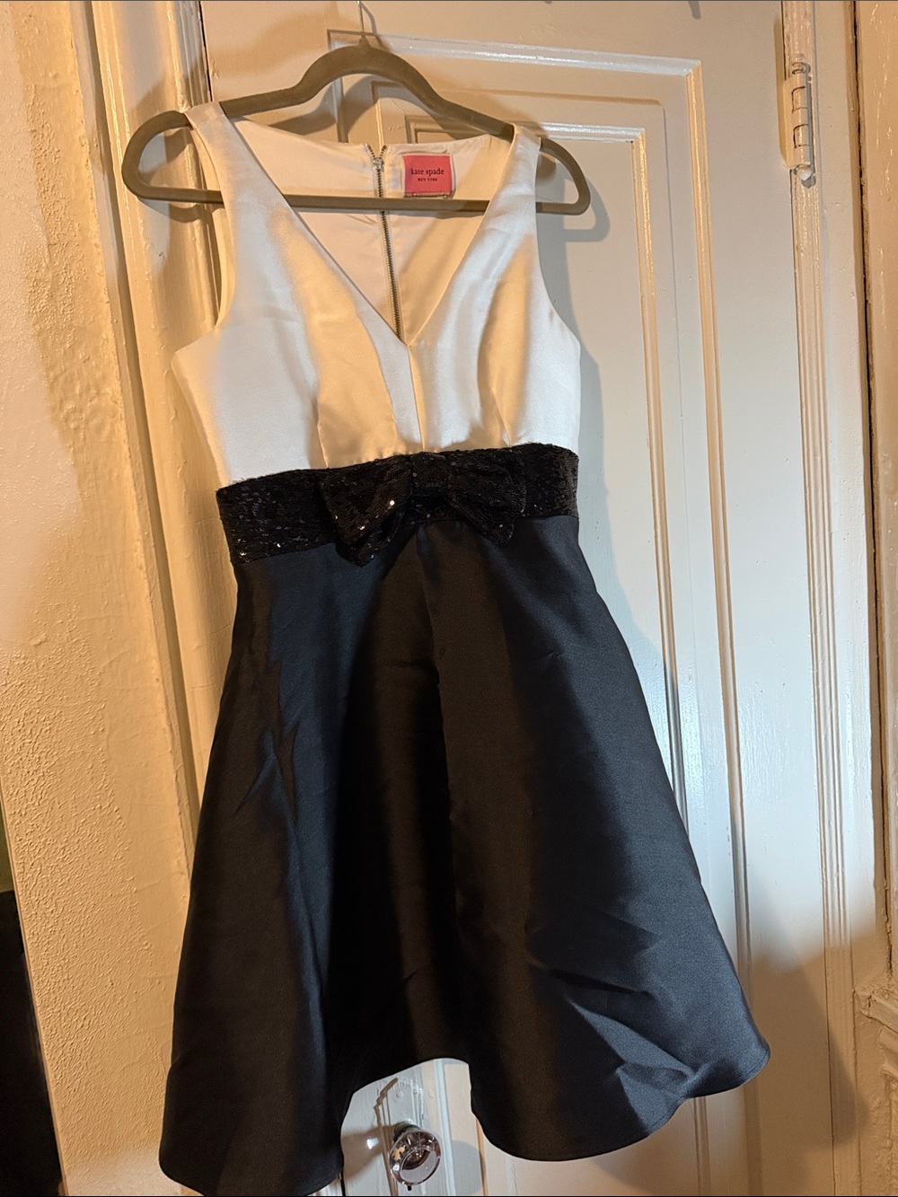 kate spade White and Black V-Neck Fit-and-Flare Dress with Sequin Waist Bow